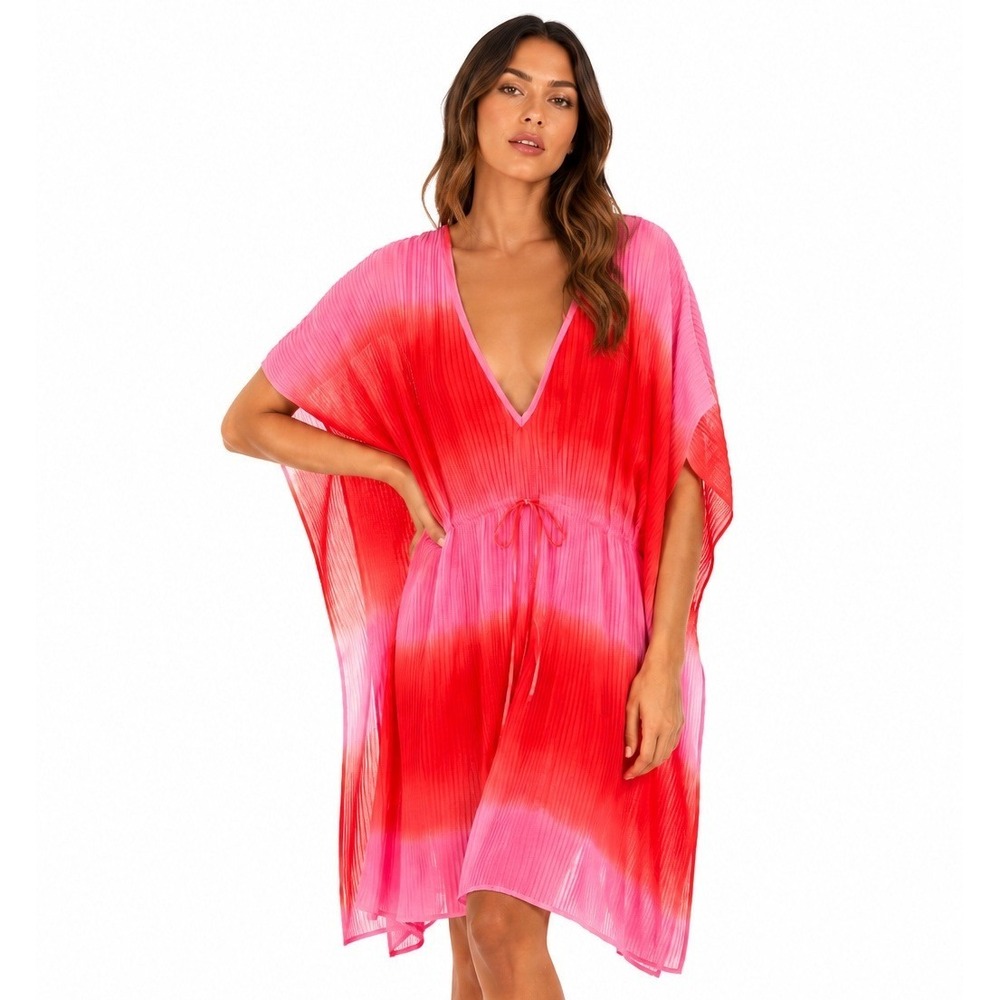Accessorize London Pink Red Ombre Pleated Kaftan Swim Cover Up NWT Small